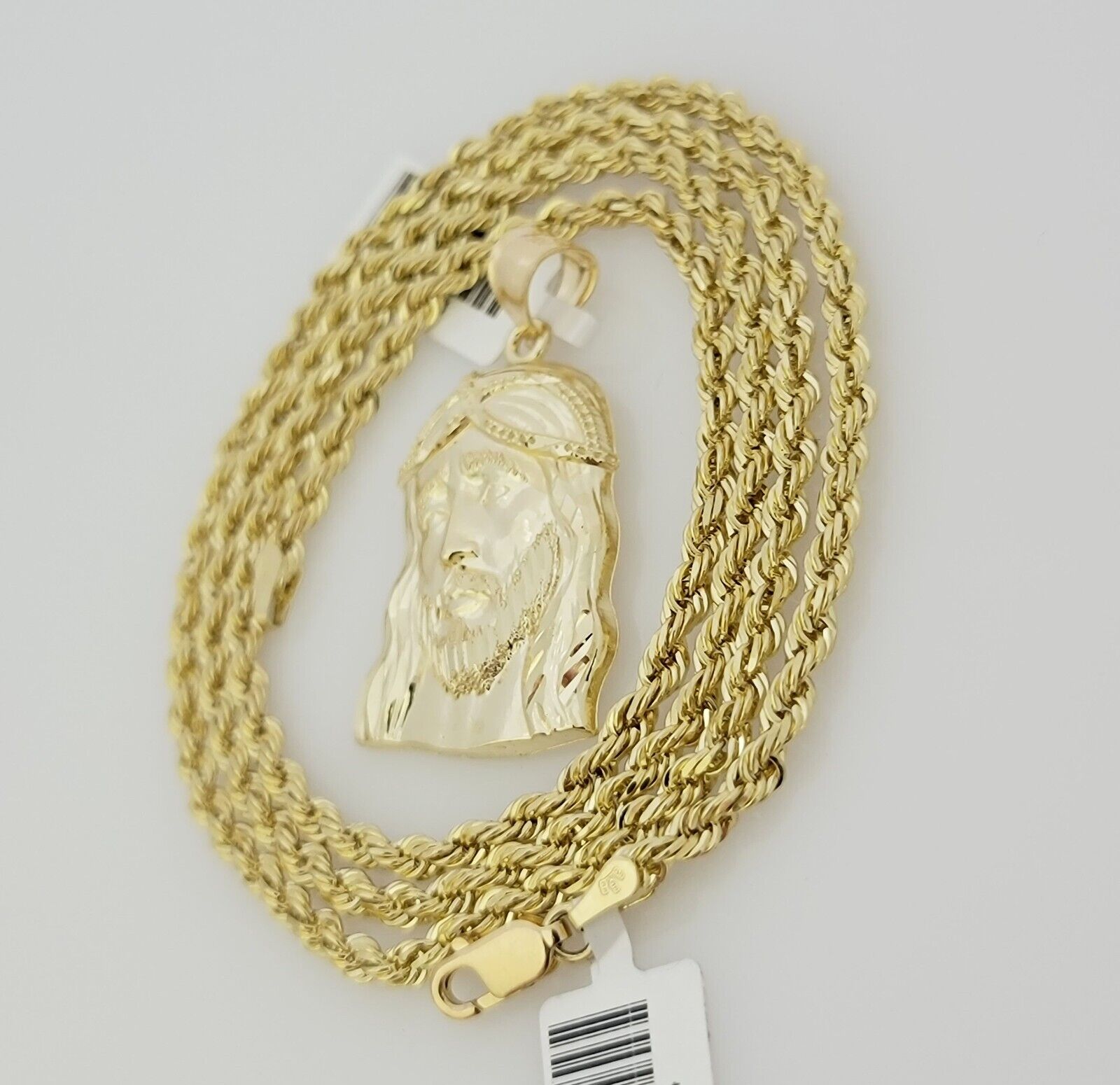 Real 10k Gold Rope Chain Jesus Head Charm Pendant Set 3mm Necklace 24 Inch SOLID
